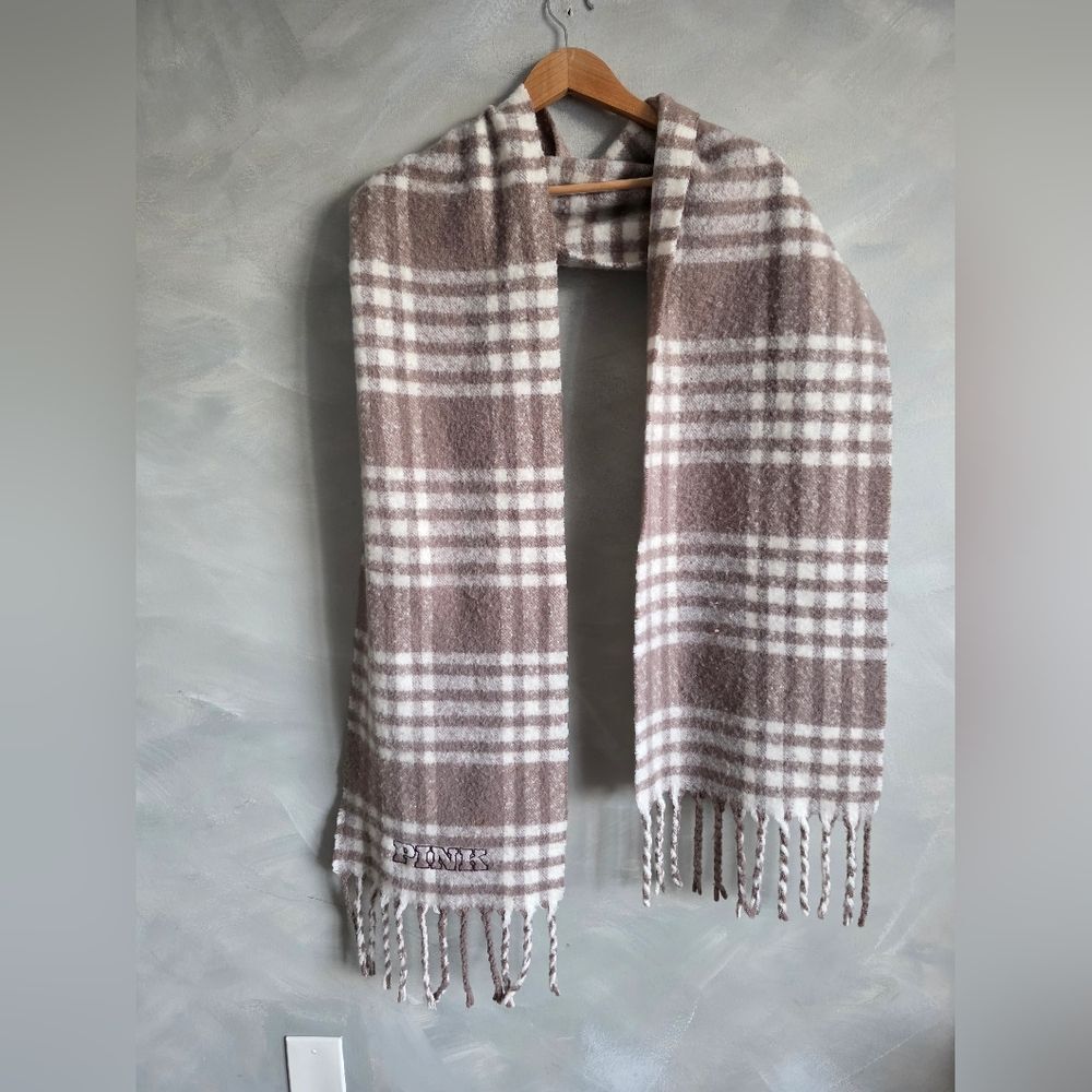Victoria's Secret Pink Taupe Cream Plaid Scarf Fringe OS Wide Long 90x12